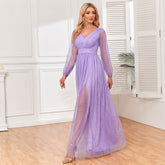 Elegant Double V Neck Sheer Long Sleeve Tulle Shiny Bright Evening Dress A Line Full Lining Wedding Party Dress